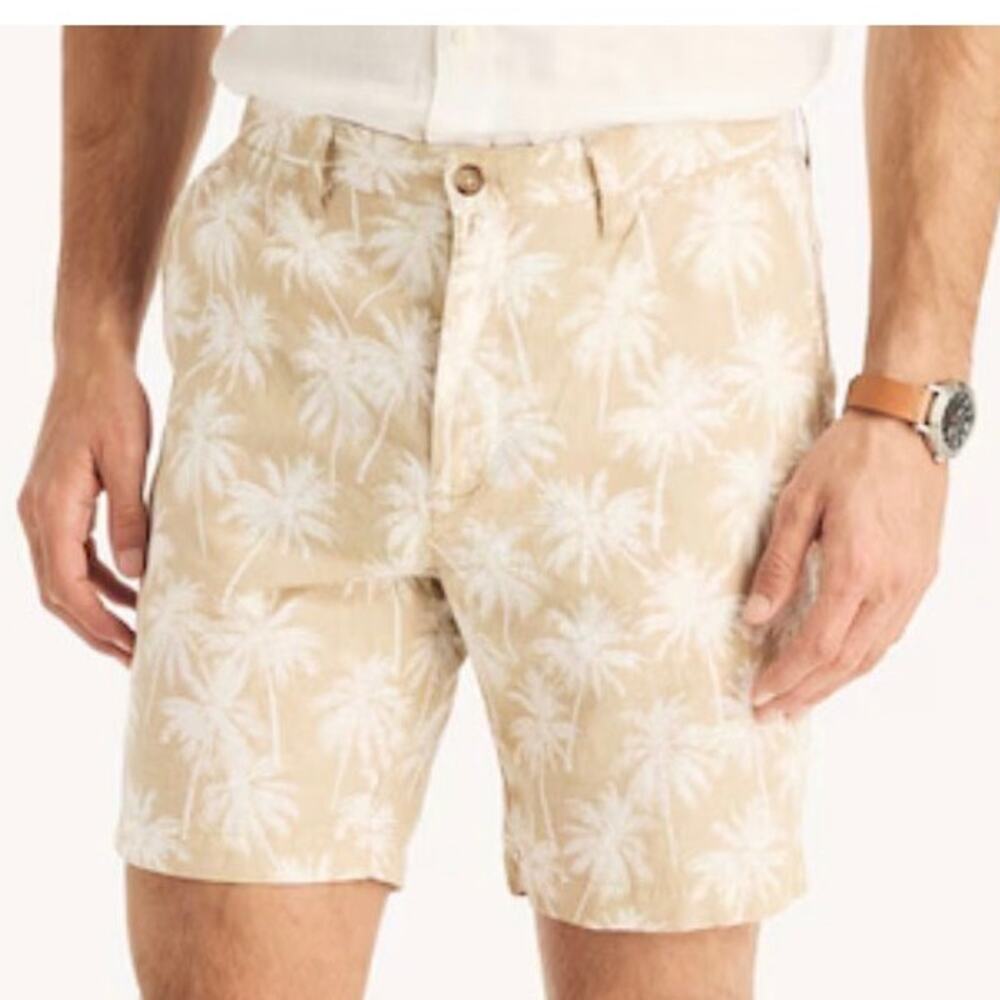 Mens Shorts 42 x 8.5" Linen Deck Twill Chino Khaki Nautica Palm Printed NWT
